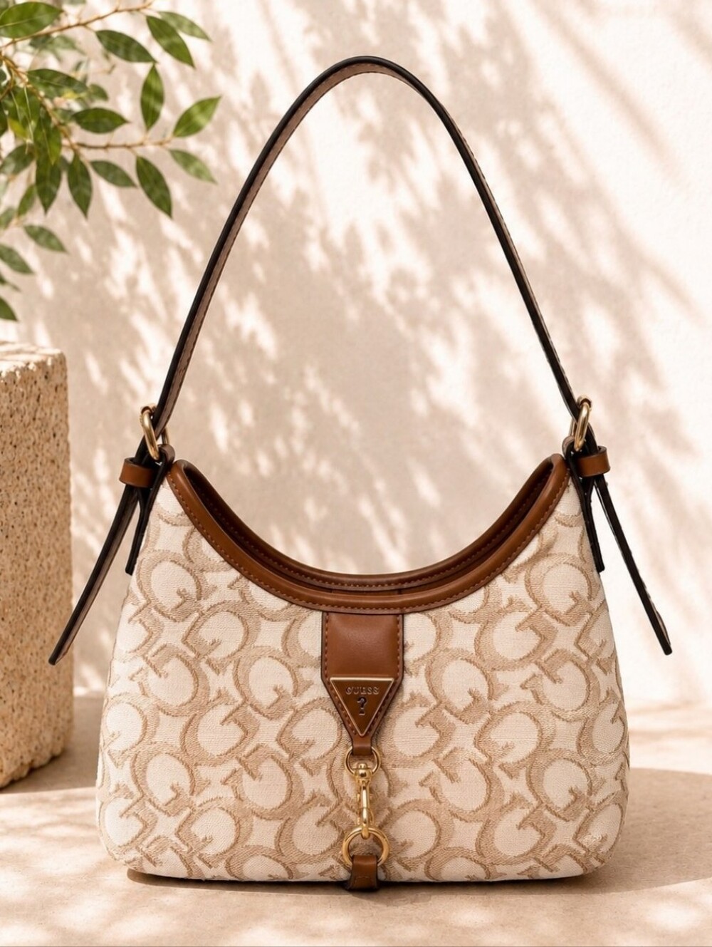 Guess Cream and Brown Monogram Hobo Shoulder Bag